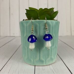 Cobalt Blue Mushroom Dangle Earrings Glass Lampwork Silver Plated French Wire